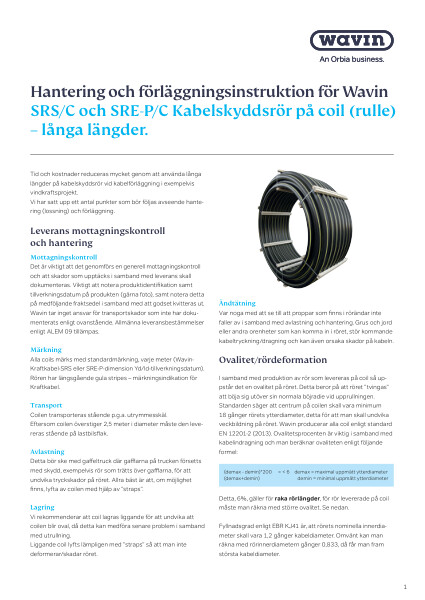 Wavin Kabelrör SRS C SREP C Hanteringsinstruktion Datablad