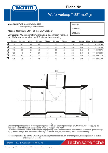 Technische fiche PVC Wafix T verloop 88° mof/lijm / Fiche technique PVC T réduit 88° 