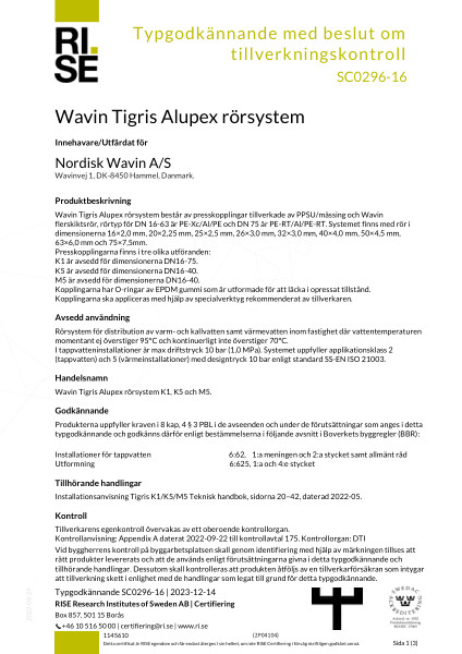 Typgodkännande - No. SC0296-16 – Wavin Tigris Alupex rörsystem