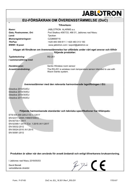 Försäkran om överensstämmelse (DoC) - Sentio wireless room sensor RS-251