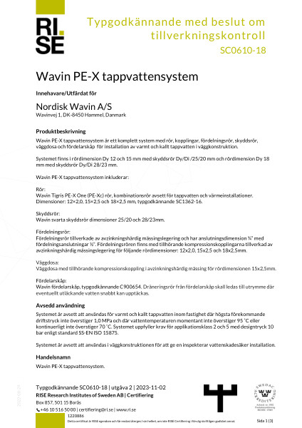 Typgodkännande - No. SC0610-18 – Wavin PE-X tappvattensystem