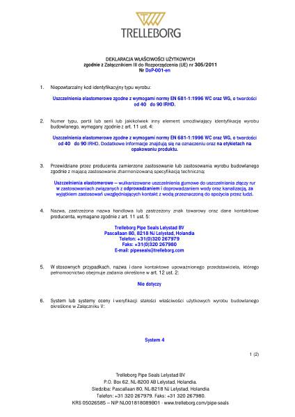 Deklaracja Właściwości Użytkowych CE DoP-001-en Uszczelka do teleskopowego adaptera