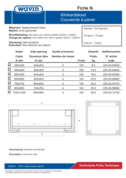 Technische fiche Galva klinkerdeksel / Fiche technique couvercle à paver 