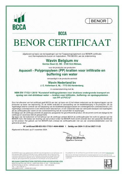 Certificaat BENOR PP NBN EN 17152-1 Aquacell - Polypropyleen (PP) kratten voor infiltratie en buffering van water (Hardenberg) - Geldig tot 22.11.2027