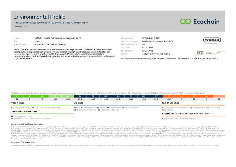 Wavin - UK - Chippenham - Verified-3035685 - OsRRL PVCU Gutter Jointing Brckt GY 112-2020-environmental-profile 2023-04-24 1302