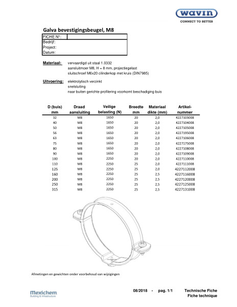 Technische fiche / Fiche technique Galva bevestigingsbeugel M8