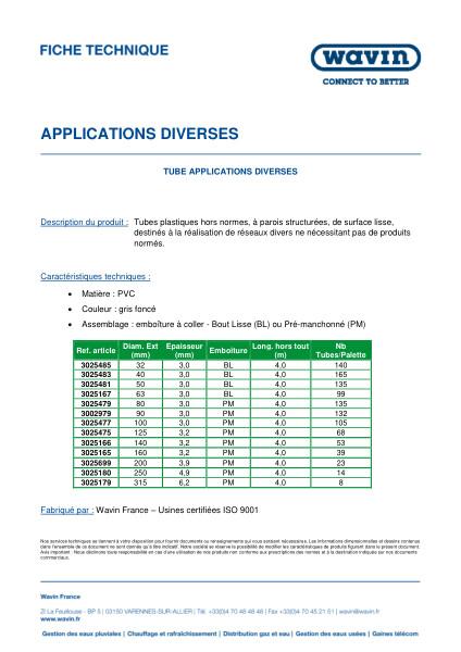 Fiche technique - Tubes d'applications diverses