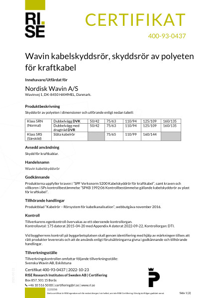 Typgodkännande - No. 400-93-0437 - Kabelskyddsrör av polyeten för kraftkabel