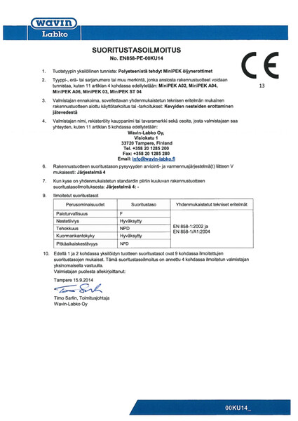 Suoritustasoilmoitus (DoP) - No. EN858-PE-00KU14 - MiniPEK A02, A04, A06, 03, ST 04