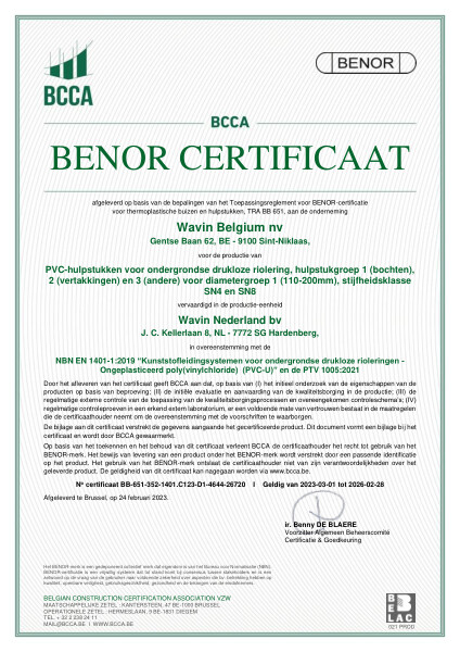 Certificat BENOR PVC EN 1401 PVC-hulpstukken voor ondergrondse drukloze riolering C1, C2 et C3 SN4 en SN8 Wavin NL - Geldig tot 28.02.2026