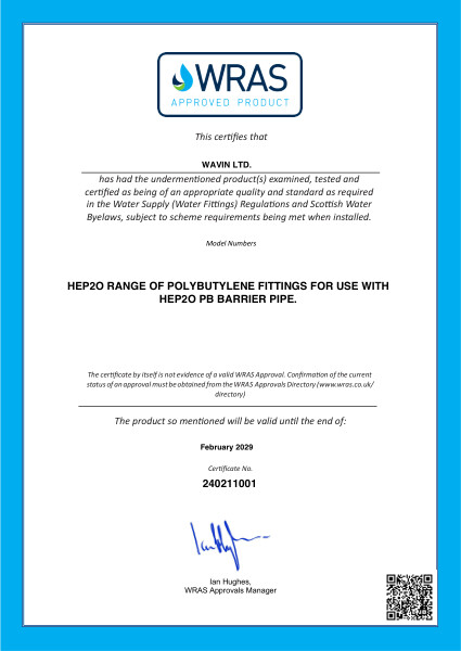 Hep2O WRAS Approval Certificate