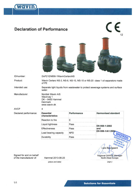 Ydeevnedeklaration - Wavin Certaro NS class 1 oil separators - DoP in accordance with EN 858-1