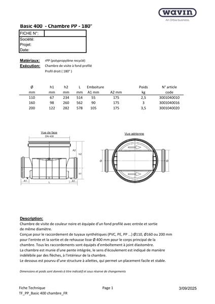 Fiche technique Chambre de visite PP Basic 400 