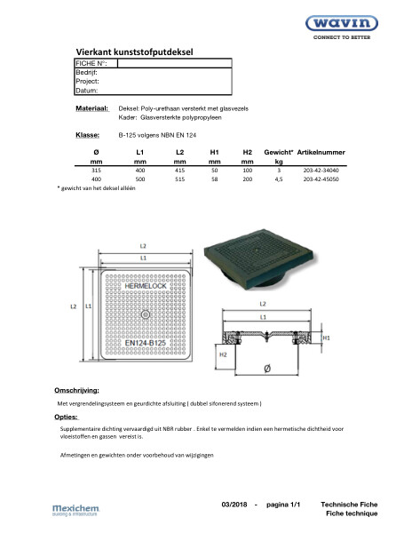 Vierkant putdeksel Kunststof B=125kN / Couvercle carré pour chambre PVC