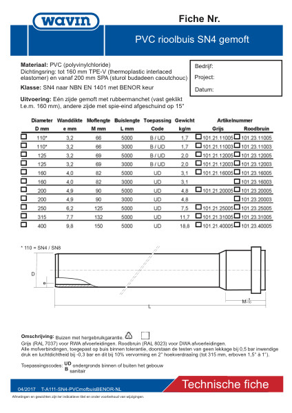 Technische fiche SN4 PVC mofbuis / Fiche technique tuyau manchon BENOR