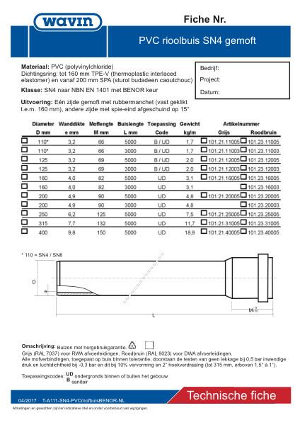 Technische fiche SN4 PVC mofbuis / Fiche technique tuyau manchon BENOR