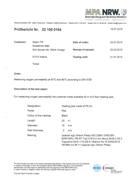 PERT MPA Oksijen Geçirgenlik Testi DIN4726