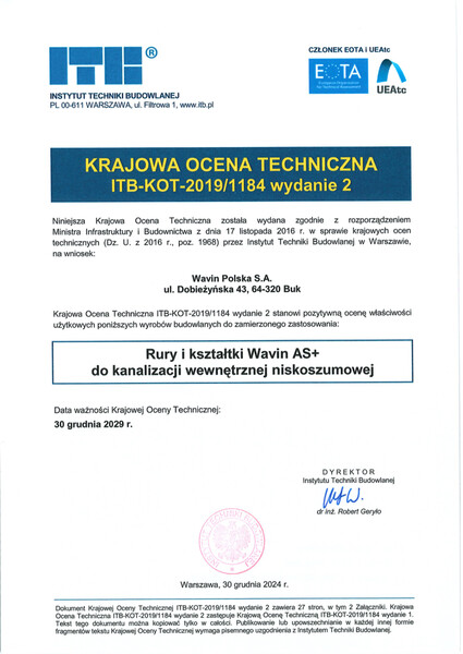 KOT ITB_KOT_2019_1184_wyd_2_Rury i kształtki AS+ do kan.wewn.niskoszumowej