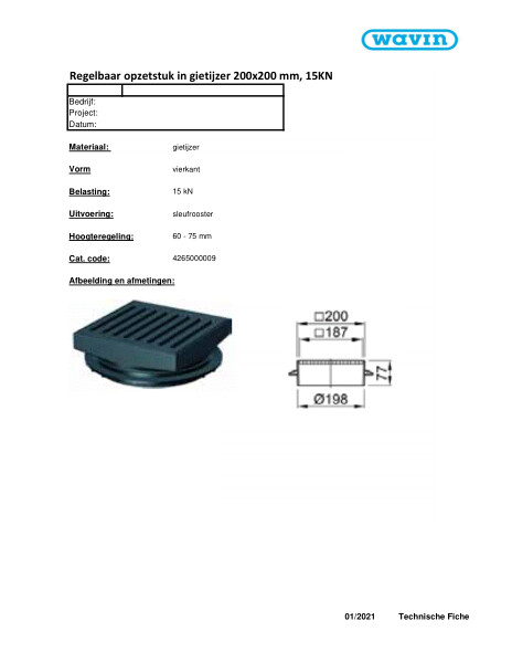 Technische fiche Regelbaar opzetstuk in gietijzer 200x200 mm, 15KN