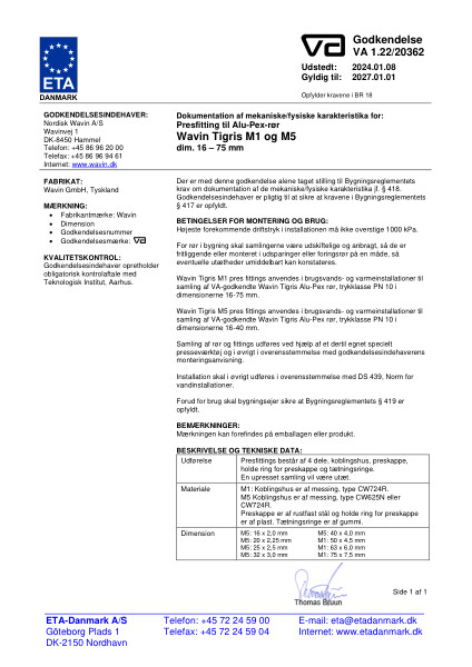 Godkendelse - No. VA 1.22/20362 - Presfitting til Alupex - Wavin Tigris M1 og M5