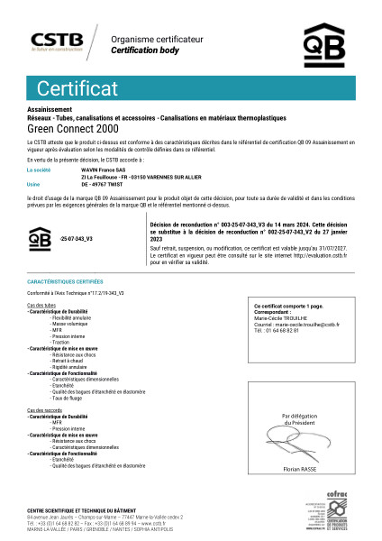 CERTIFICAT CSTB Wavin Green Connect 2000