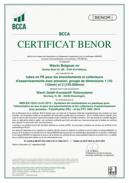 Certificat BENOR PE EN 12201 Tubes en PE pour les branchements et collecteurs dássainssements avec pression D1 et D2 Westeregeln - Valable au 28.07.2025