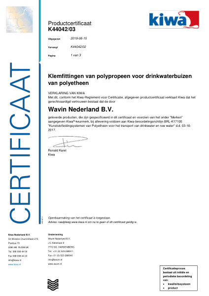 Certificaat Kiwa K44042/03 Klemfittingen van polypropeen voor drinkwaterbuizen van polyetheen