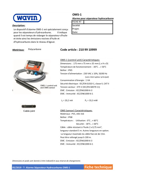 Fiche technique OMS-1 Alarme pour séparateur hydrocarbures