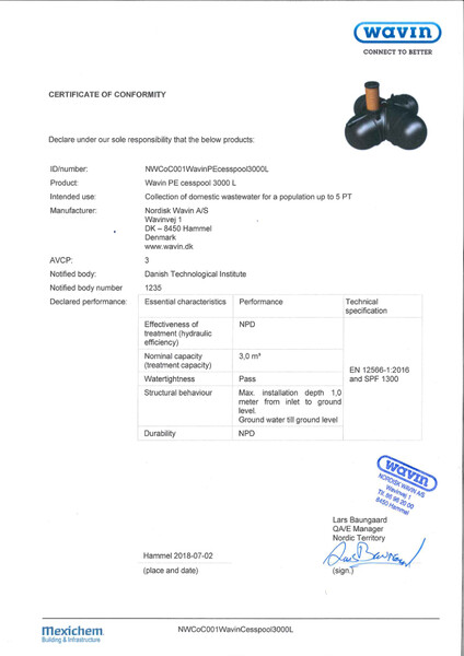 Certificate of Conformity - Wavin PE cesspool 3000 L - CoC in accordance with EN 12566-1 and SPF 1300