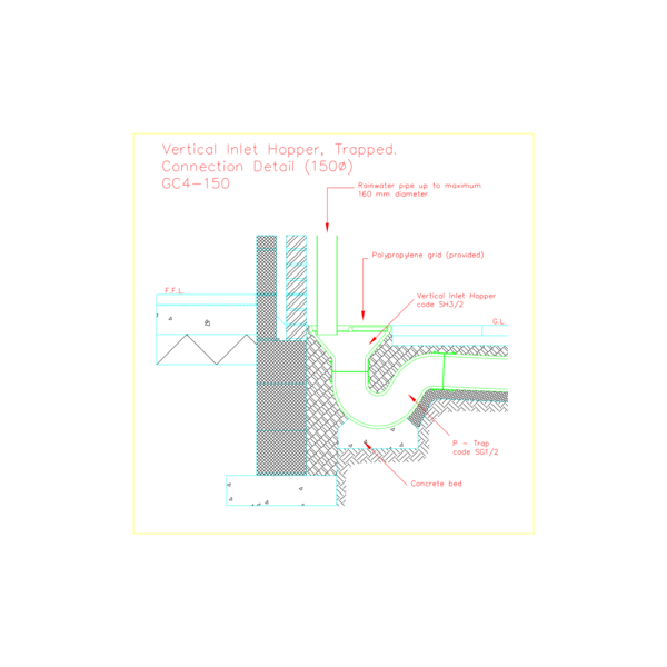 CAD - GC4 Gully connections Vertical inlet hopper trapped 150mm