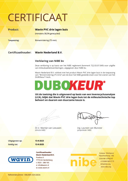 Certificaat DUBOkeur Wavin PVC drie lagen buis binnenriolering Ø75mm - Geldig tot 13-9-2025