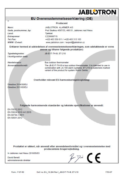 Overensstemmelseserklæring - Sentio Bus outdoor thermometer JB-EXT-TH-B, ET-210