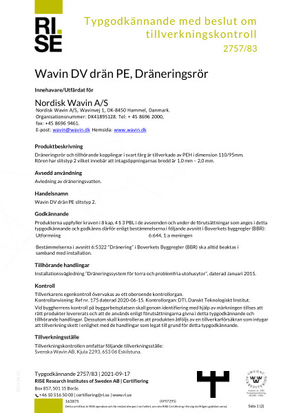 Typgodkännande - No. 2757/83 - Wavin DV drän PE, Dräneringsrör