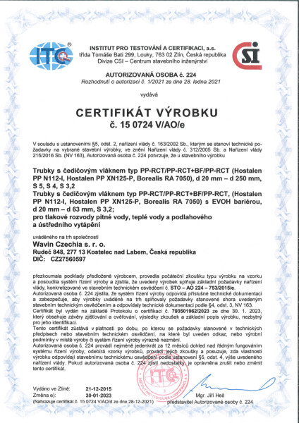 Certifikát Wavin PP-RCT Basalt, Basalt Clima voda, vytápění