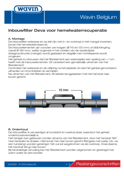 Plaatsingsvoorschrift inbouwfilter Deva