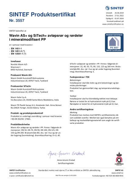Godkjennelse - No. 3557 - Wavin AS+ og SiTech+ avløpsrør og rørdeler