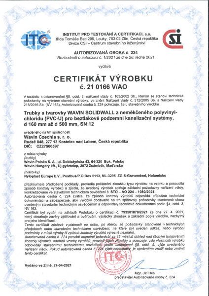 Certifikát Wavin Solidwall PVC SN 12 - venkovní kanalizace 