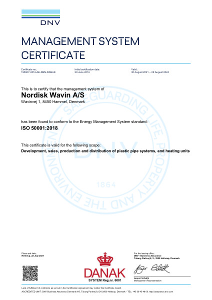 Systemcertifikat ISO 50001 Energi - Nordisk Wavin A/S