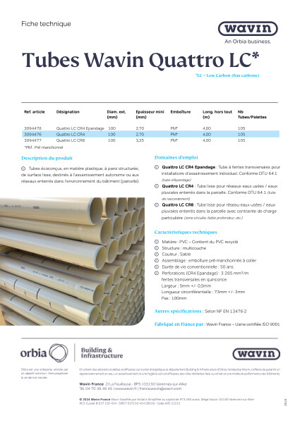 Fiche technique Tubes Wavin Quattro LC