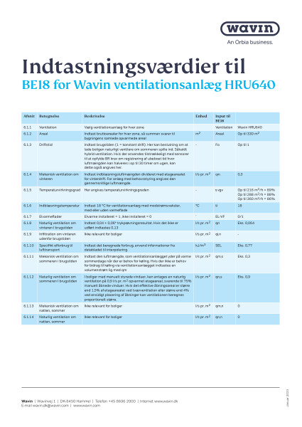 Indtastningsværdier til Ventiza HRU640