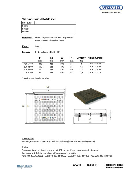 Vierkant deksel kunststof B=125kN / Couvercle carré en matière synthétique