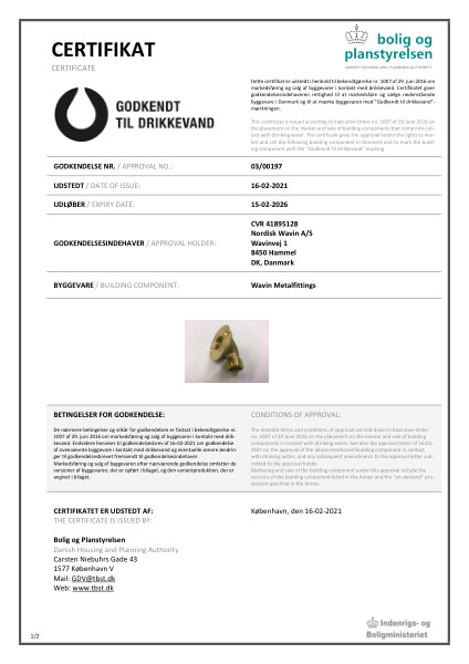 Godkendelse - No. 03/00197 - Godkendt til drikkevand - Wavin Metalfittings