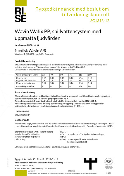 Typgodkännande - No. SC1313-12 - Wafix PP rör och delar