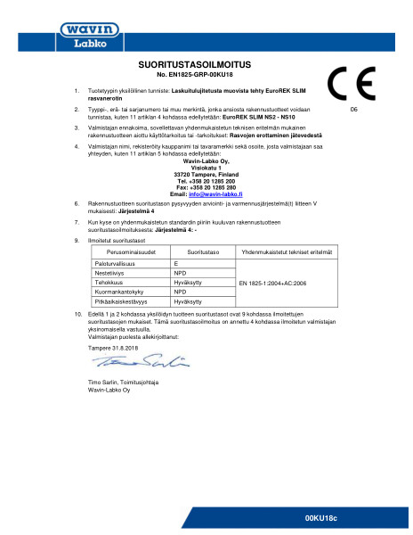 Suoritustasoilmoitus (DoP) - No. EN1825-GRP-00KU18 - EuroREK Slim