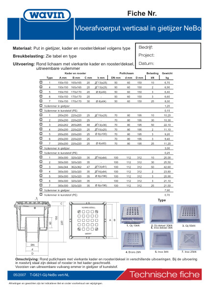 Technische fiche Gietijzeren vloerafvoerput NeBo verticaal