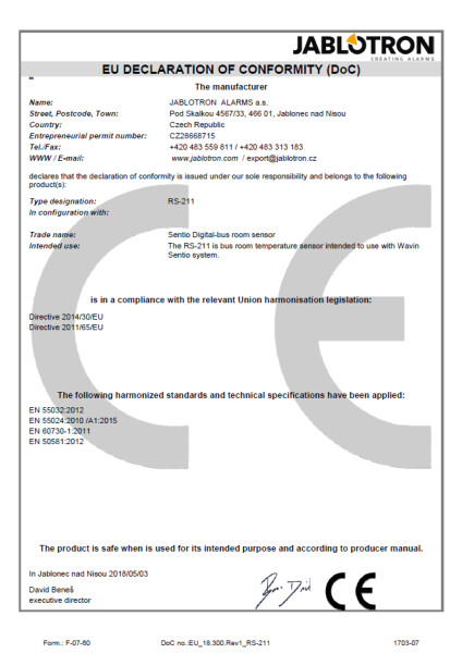 Declaration of conformity - Sentio digital bus room sensor RS-211