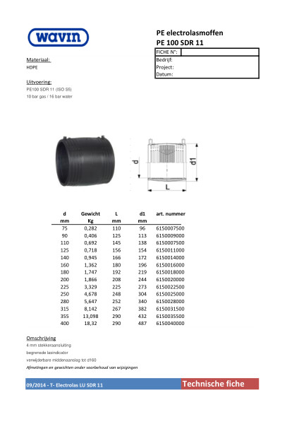 Technische fiche PE electrolasmof / Fiche technique manchon électrique PN10 Monoline