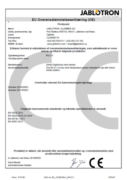 Overensstemmelseserklæring - Sentio digital bus room sensor RS-211