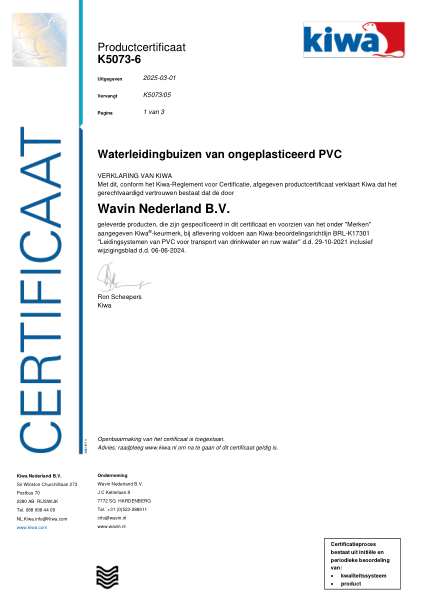 Certificaat Kiwa-ATA K5073-6 Waterleidingbuizen van ongeplasticeerd PVC