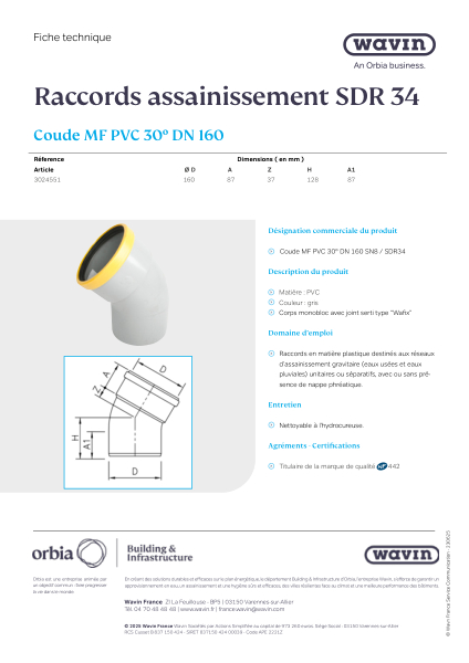 Fiche technique SDR34 Coude MF PVC 30° DN 160